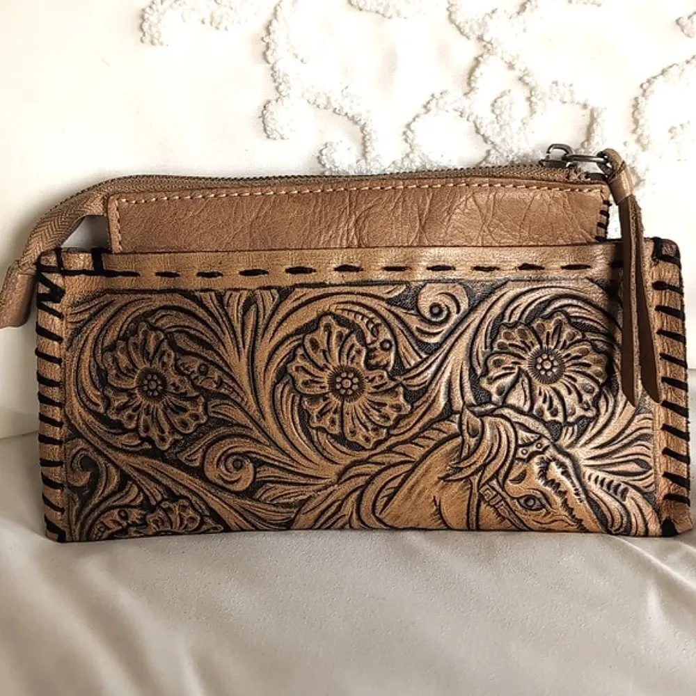 Western Artisan Hand Tooled Leather -Small Zip Pouchette
